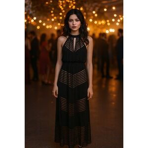 Whimsigoth Fairy New Year's Eve Black Chevron Halter LondonTimes Maxi 12‎ Dress